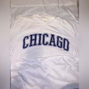 Ultra cropped white Chicago shirt with blue detailing, size small